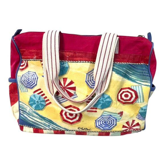 Colorful Beach Themed Canvas Tote Bag Red & White Striped Handles Paul Brent - Picture 4 of 8